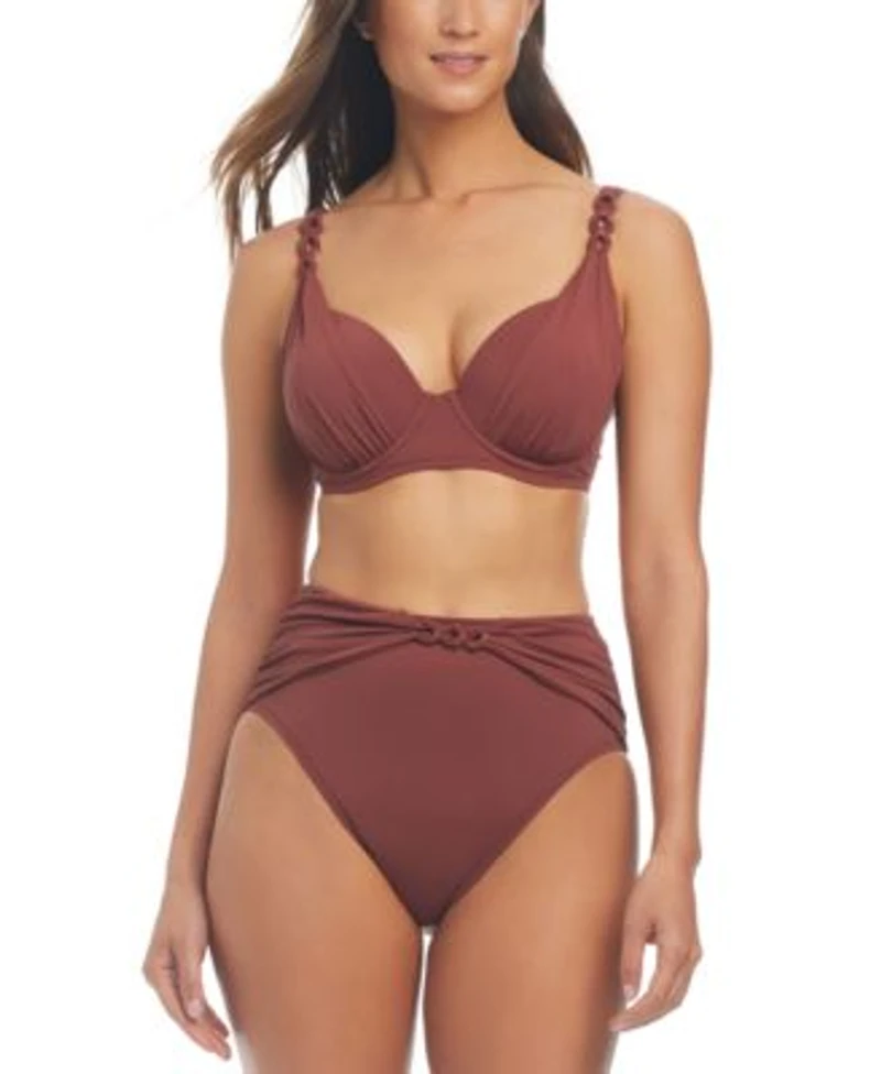 Bleu By Rod Beattie Womens Ring Strap Draped Bikini Top Ring Front High Waisted Bottoms