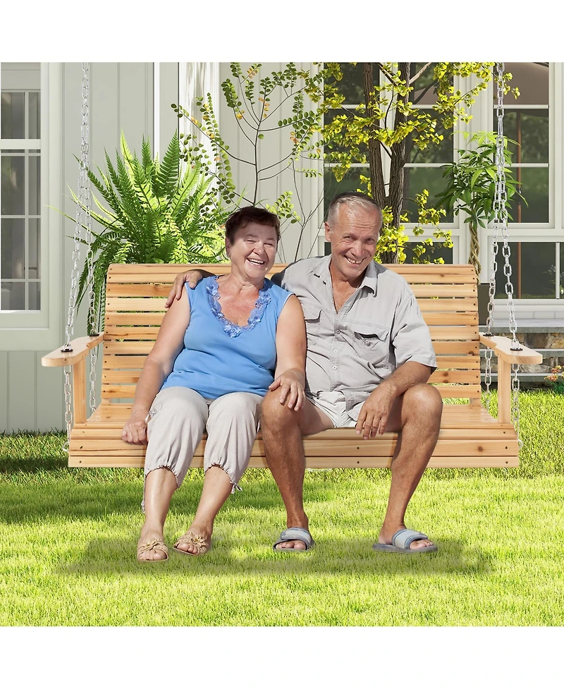 Costway 2-seat Wood Swing Bench with Folding Cup Holder and Sturdy Metal Hanging Chains