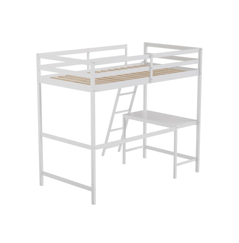 Emma+Oliver Ridley Twin Wood Loft Bed Frame With Protective Guardrails And Integrated Desk Ladder For Use Any 6-8" Thick Mattress