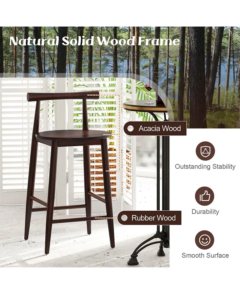 Set of 2 Counter Height Bar Chairs with Acacia Wood Frame and Footrest Support