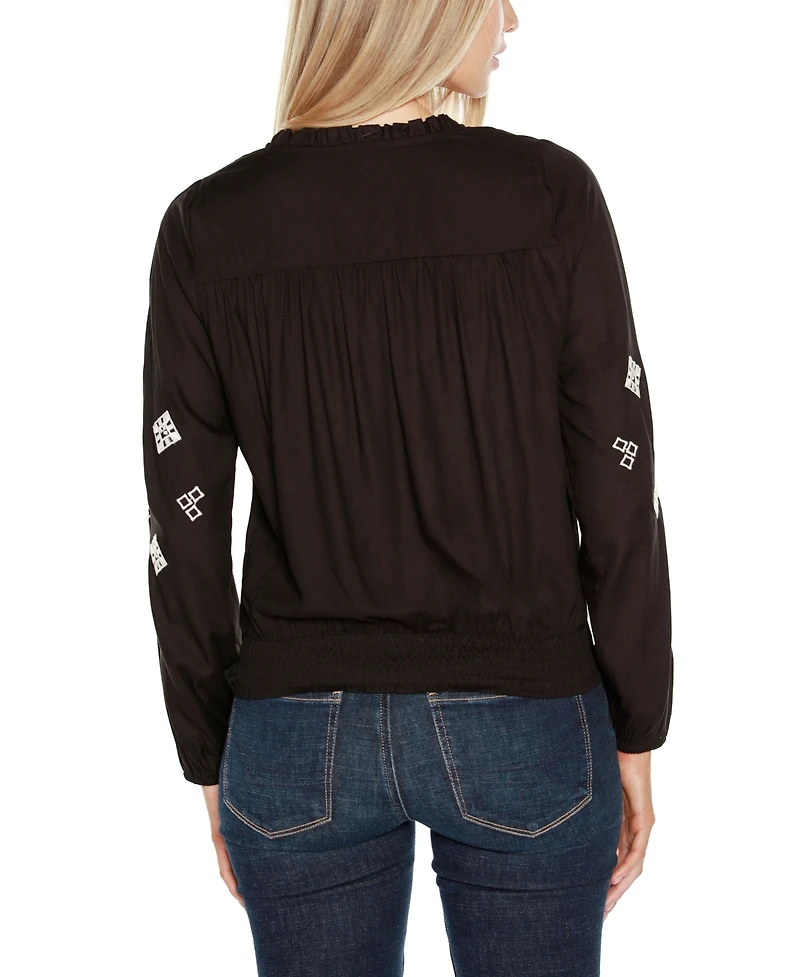 Belldini Black Label Women's Embroidered Blouson Sleeve V-Neck Blouse Top