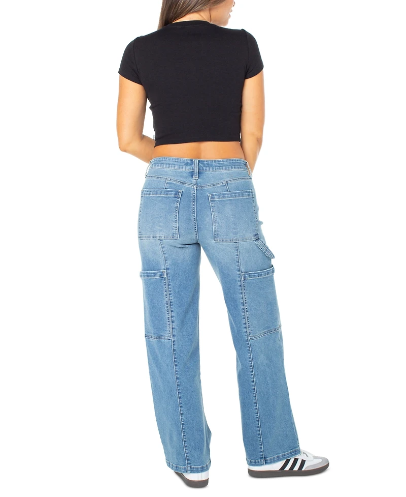 Juniors' Mid Rise Cargo Seamed Wide Leg Jean