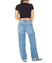 Juniors' Mid Rise Cargo Seamed Wide Leg Jean