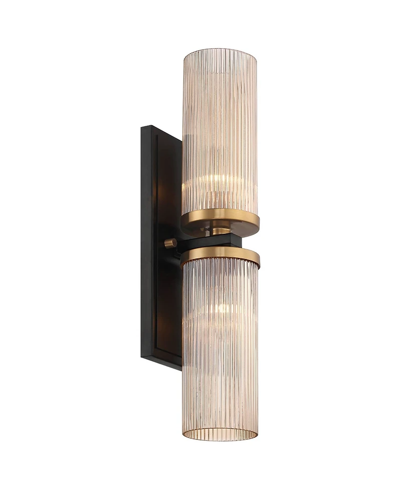 Palais Modern Wall Light Sconce Black Warm Brass Hardwired 4 1/4" 2-Light Fixture Ribbed Champagne Glass Shade for Bedroom Bathroom Vanity Readin