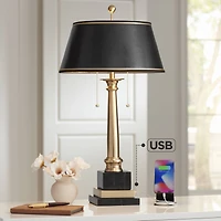 Barnes and Ivy Georgetown Traditional Desk Lamp 28 1/2" Tall Warm Brass with Usb Charging Port Black Shade for Bedroom Living Room Bedside Office