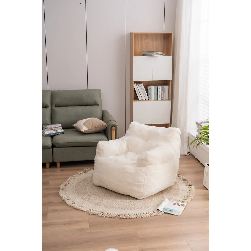 Streamdale Furniture Soft Tufted Foam Bean Bag Chair With Teddy Fabric Ivory White