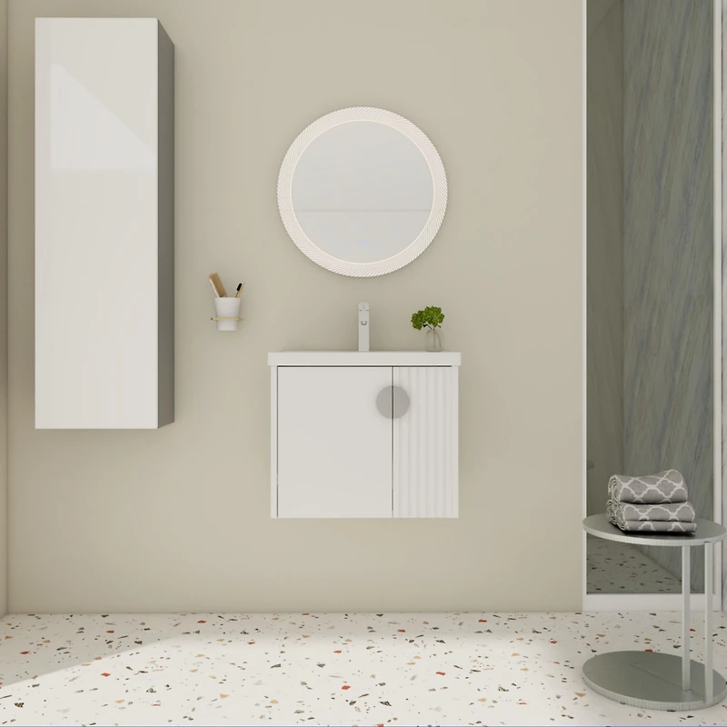 Wall-Mounted Vanity | Dual-Door with 3D Wave | Ceramic Sink | Soft-Close | Metallic