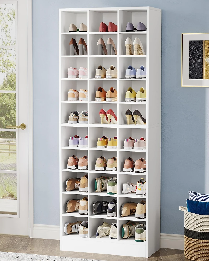 Tribesigns 10-Tier Shoe Storage Cabinet, Gray Wooden Shoe Rack with 30 Cubbies, Freestanding Tall Entryway Shoe Organizer