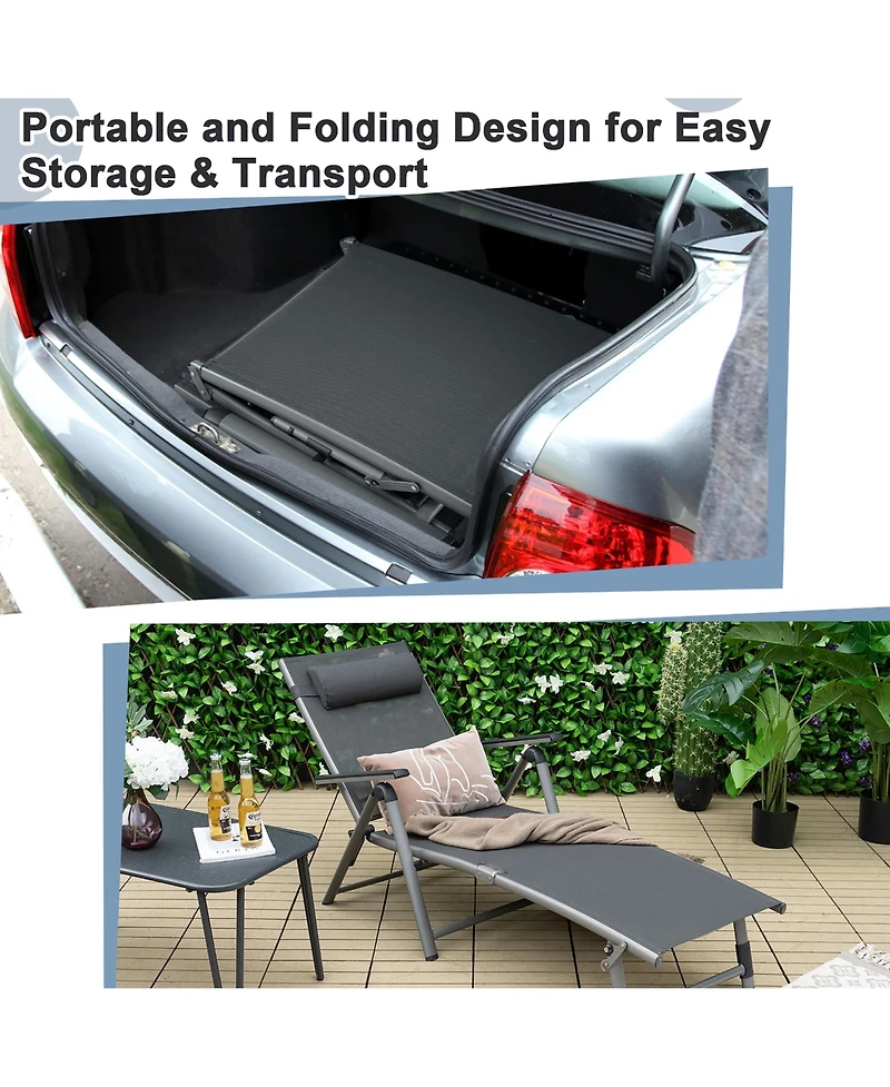 Gymax 2PCS Patio Lounge Chair Rustproof Aluminum Folding Chaise w/ Adjustable Backrest & Footrest