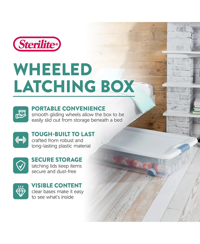 Sterilite 56 Quart Latching Stackable Wheeled Storage Container w/ Lid, (4 Pack)