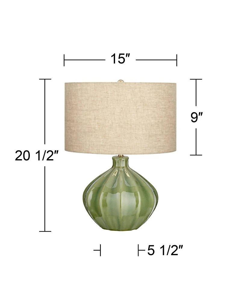 360 Lighting Modern Table Lamp with Usb Charging Port 20.5" High Green Ribbed Ceramic Oatmeal Fabric Drum Shade for Bedroom Desk (Color May Vary)