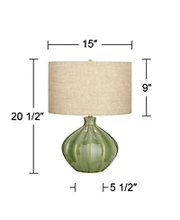 360 Lighting Modern Table Lamp with Usb Charging Port 20.5" High Green Ribbed Ceramic Oatmeal Fabric Drum Shade for Bedroom Desk (Color May Vary)