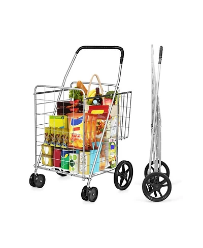 Sugift Folding Shopping Cart with Swiveling Wheels and Dual Storage Baskets