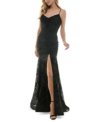 City Studios Juniors' Flocked Glitter Mesh Ruched Corset Gown