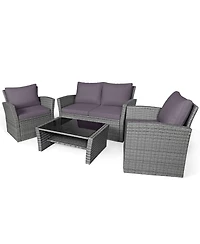 Slickblue 4 Pieces Patio Rattan Furniture Set Sofa Table with Storage Shelf Cushion