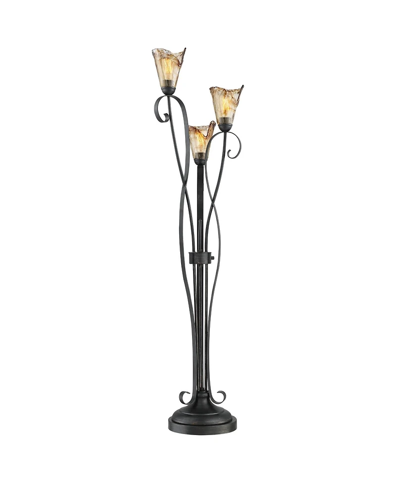 Franklin Iron Works Gardena Rustic Tree Floor Lamp 65 1/2" Tall Powder Coated Black 3 Light Wavy Amber Art Glass Shade for Living Room Reading Ho