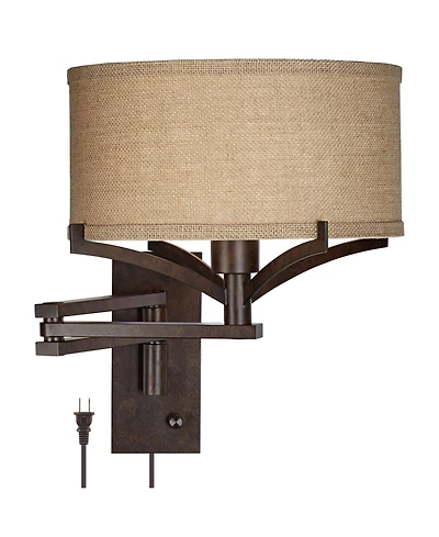 Franklin Iron Works Tremont Rustic Farmhouse Swing Arm Wall Lamp Bronze Plug-in Light Fixture Tan Burlap Drum Shade for Bedroom Bedside Living Room