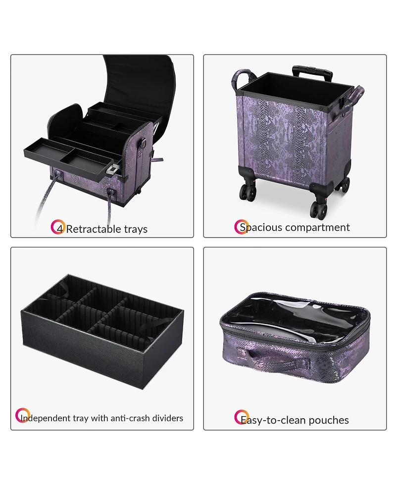 Byootique Purple Makeup Train Case Lockable Rolling Cosmetic Trolley Storage