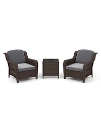 Slickblue 3 Pieces Outdoor Rattan Furniture Set with Cushions and Tempered Glass Coffee Table