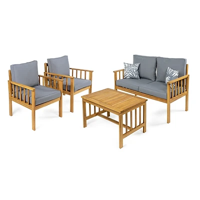 Jonathan Y Everly 4-Piece Modern Cottage Acacia Wood Outdoor Patio Set with Cushions and Tropical Decorative Pillows, Gray/Teak Brown