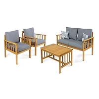 Jonathan Y Everly 4-Piece Modern Cottage Acacia Wood Outdoor Patio Set with Cushions and Tropical Decorative Pillows, Gray/Teak Brown