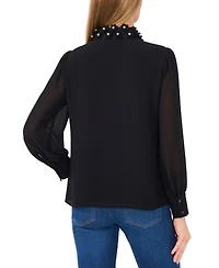 CeCe Women's Floral-Applique Collared Long-Sleeve Blouse