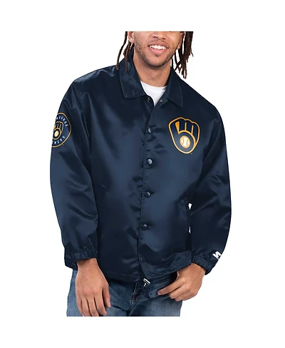 Starter Men's Navy Milwaukee Brewers Option Route Satin Full-Snap Jacket