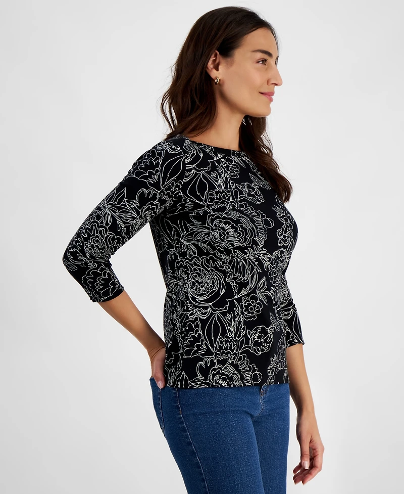 Style & Co Petite Printed 3/4-Sleeve Knit Top, Created for Macy's