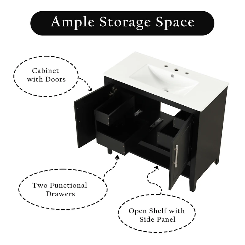 36" Black Bathroom Vanity with Sink, Mdf Cabinet with Doors & Drawers