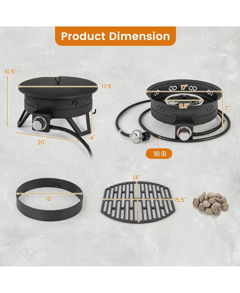 Slickblue 17 Inch Portable Gas Fire Pit with Folding Legs and Removable Grill for Camping-Black