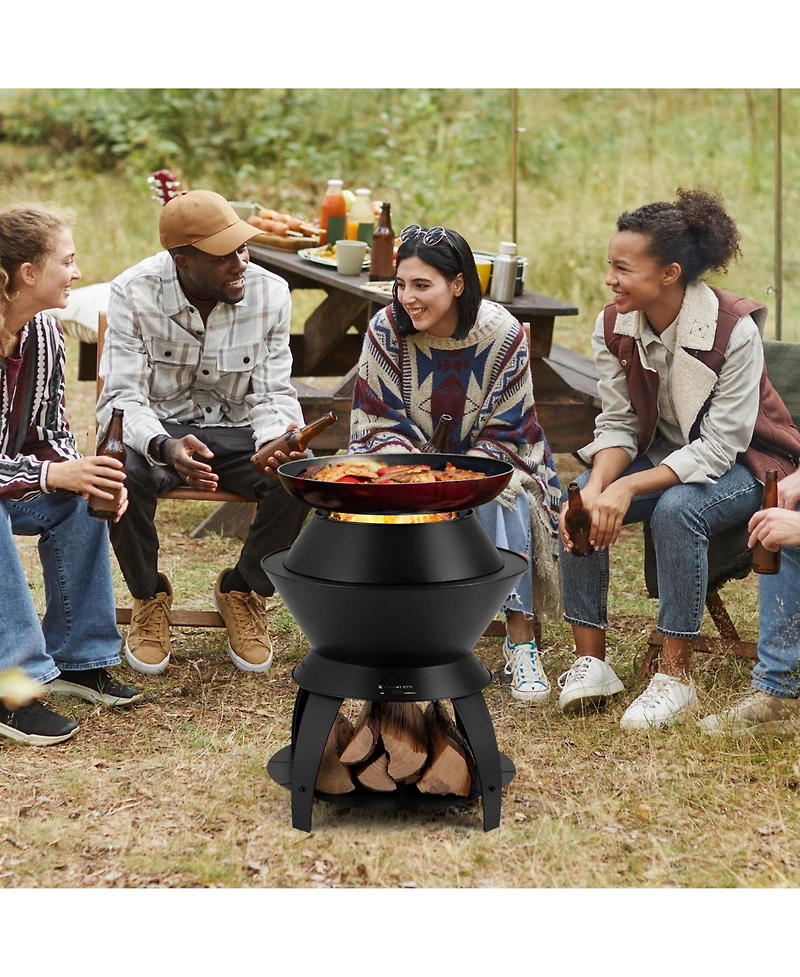 Slickblue 20 Inch Patio Fire Pit Metal Camping Fire Bowl with Pot Holder and Storage Shelf-Black