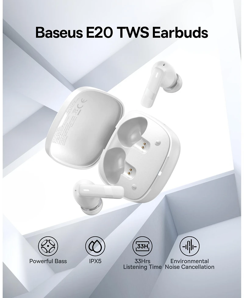 Baseus E20 Wireless Earbuds Bluetooth 5.3 Headphones in-Ear Earphones, White