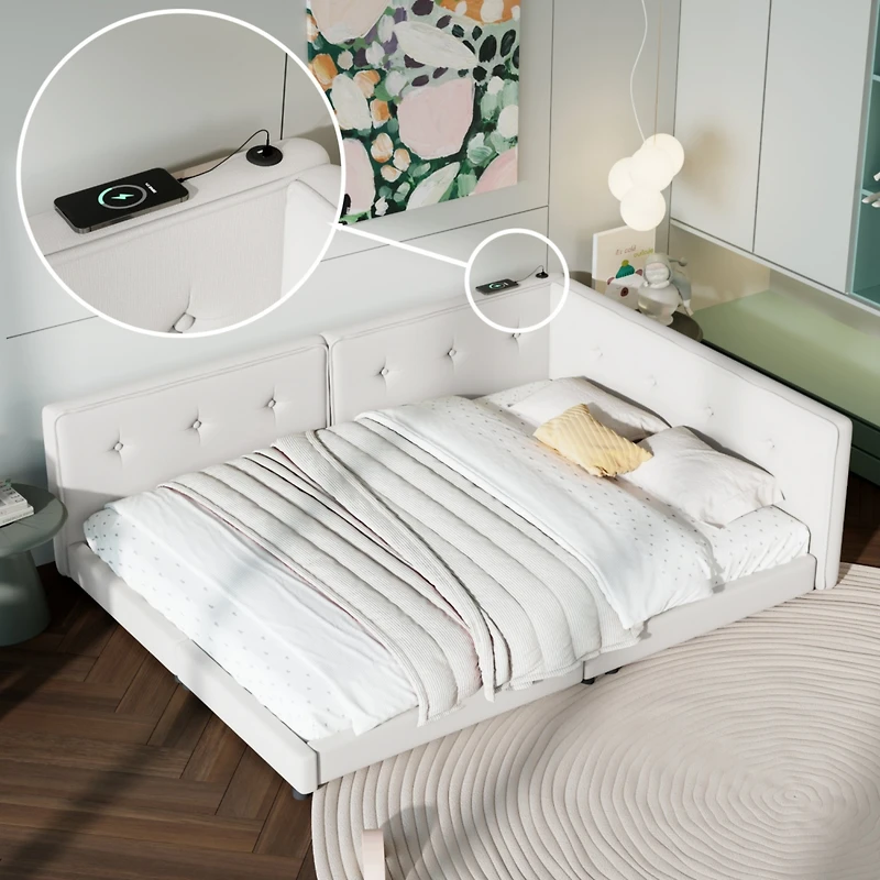 Streamdale Upholstered Full Bed with Usb Ports and Led Belt, Beige