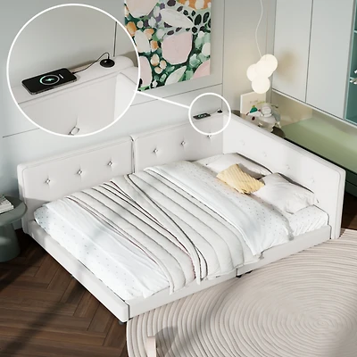 Streamdale Upholstered Full Bed with Usb Ports and Led Belt, Beige