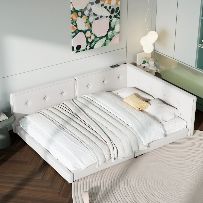 Streamdale Upholstered Full Bed with Usb Ports and Led Belt, Beige