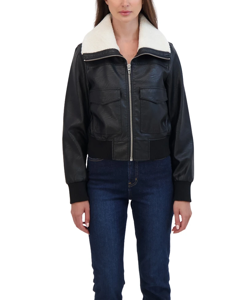 Sebby Collection Women's Faux Leather Bomber With Faux Fur Collar
