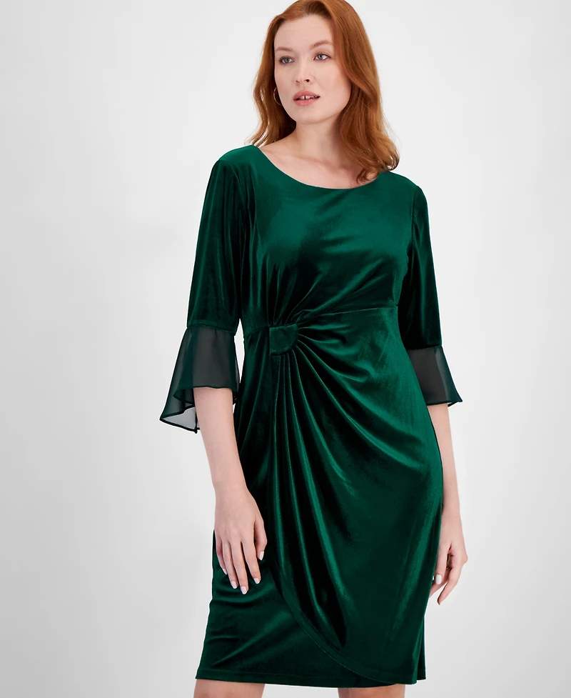 Connected Women's Velvet Side-Gathered Bell-Sleeve Dress
