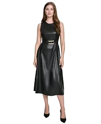 Halston Women's Faux-Leather Belted Sleeveless Midi Dress
