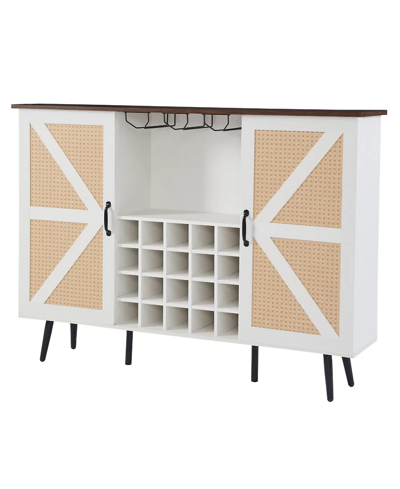 Simplie Fun White Faux Rattan Wine Cabinet with Wine Rack & Glass Holder