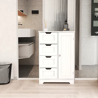 White Freestanding Storage Cabinet with Adjustable Shelves, Drawers, and Door