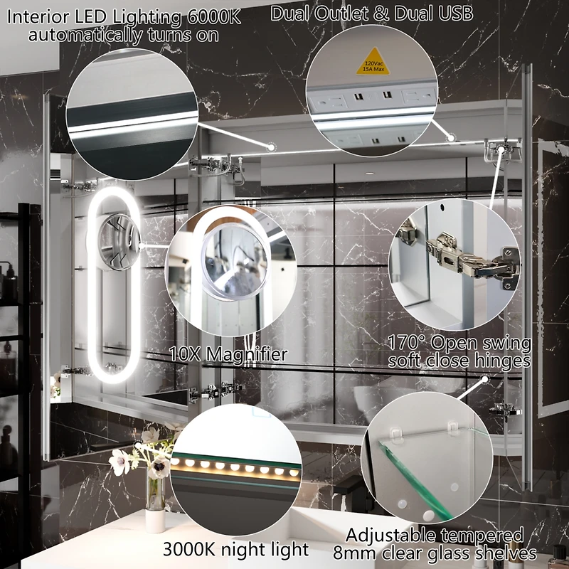 Smart Led Medicine Cabinet with Anti-Fog, Dimming, Outlet