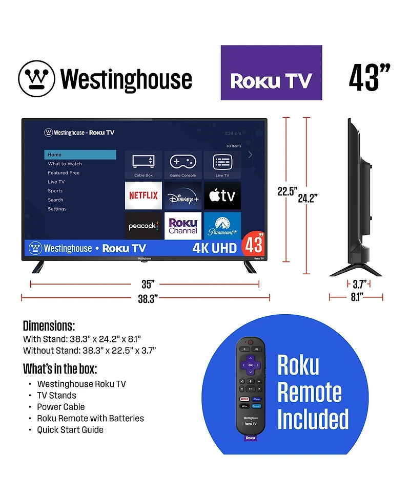 Westinghouse 43-Inch 4K Ultra Hd Smart Tv Hdr 60Hz Refresh Rate Compatible with Alexa & Google Assistant WR43UX4210