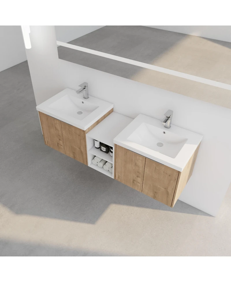 Simplie Fun Wall Mount Vanity with Soft Close Doors, Resin Sink, Storage Shelves