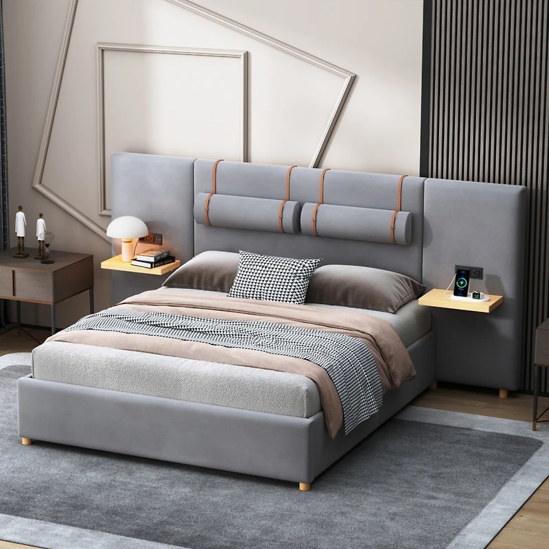 Streamdale Queen Bed with Outlets, Pillows, Shelves, Velvet