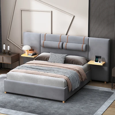 Streamdale Queen Bed with Outlets, Pillows, Shelves, Velvet