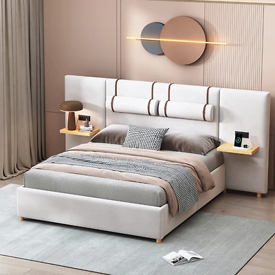 Streamdale Queen Bed with Outlets, Pillows, Shelves, Velvet