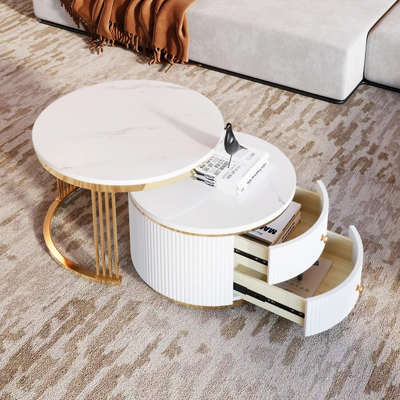 Streamdale Modern 2-Piece White Round Nesting Coffee Table with Drawers