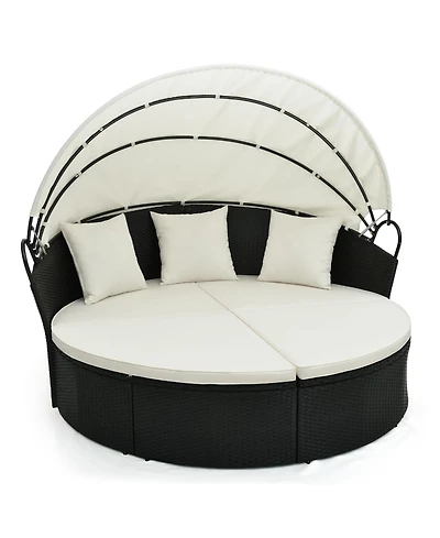 Sugift Clamshell Patio Round Daybed Wicker with Retractable Canopy and Pillows