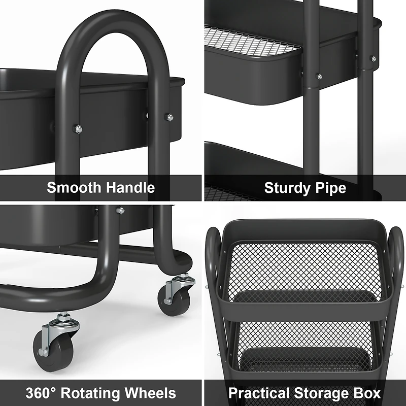 Sugift 3 Tier Rolling Cart Utility Cart with Lockable Wheels Rolling Metal Storage