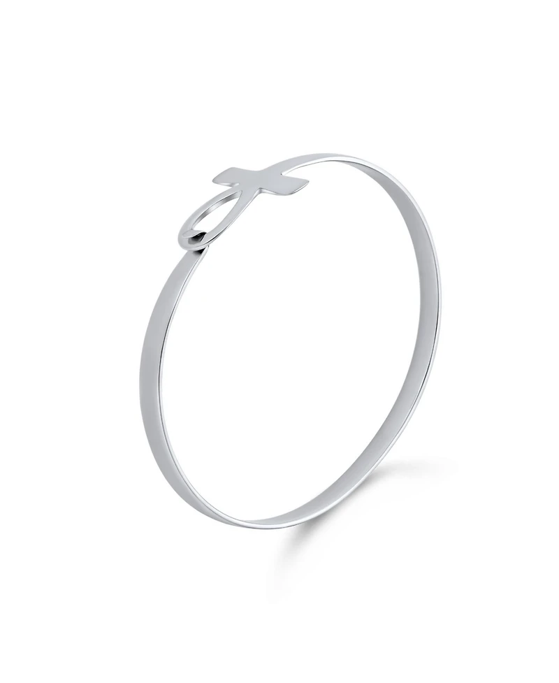 Bling Jewelry Fine Sterling Silver Egyptian Ankh Cross Bangle Bracelet - Spiritual Key of Life Sideways Horizontal